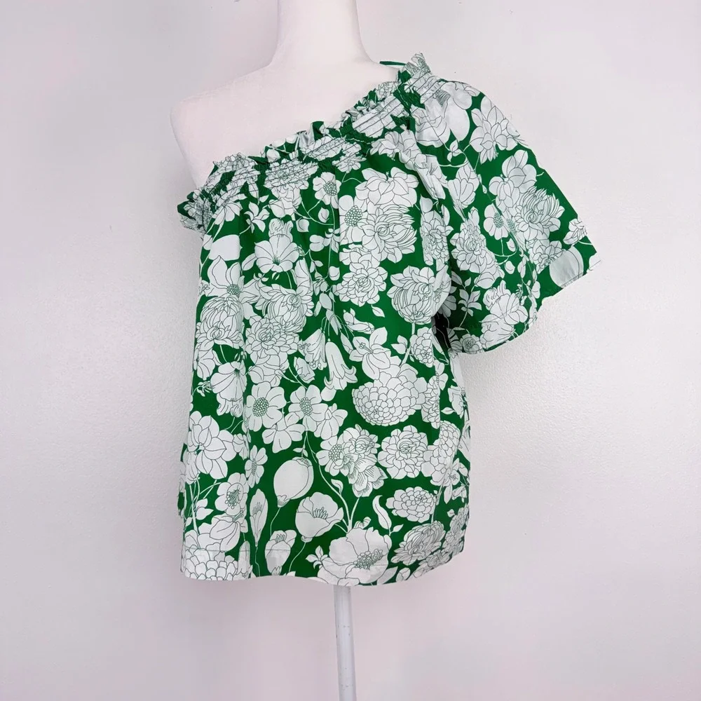 J.Crew One Shoulder Floral Top L Kelly Green Smocked Cotton Poplin Cottagecore - Picture 2 of 14